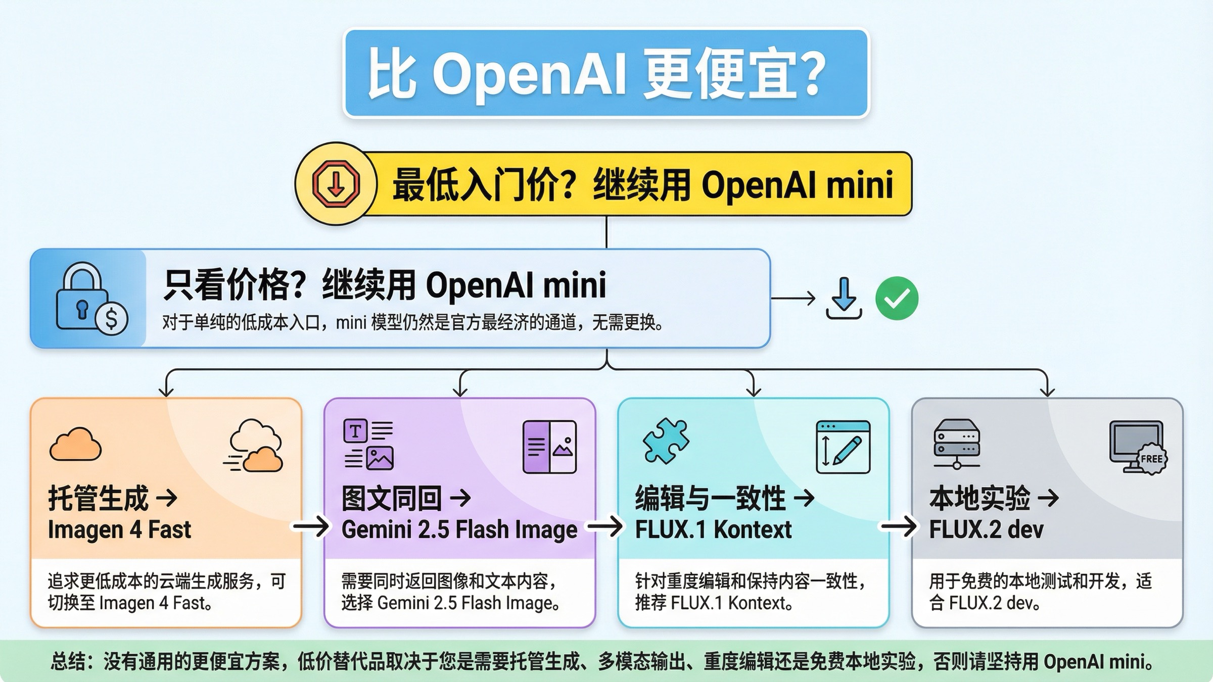 决策板展示何时继续使用 OpenAI mini,以及何时改用 Imagen 4 Fast、Gemini 2.5 Flash Image、FLUX.1 Kontext 或 FLUX.2 dev