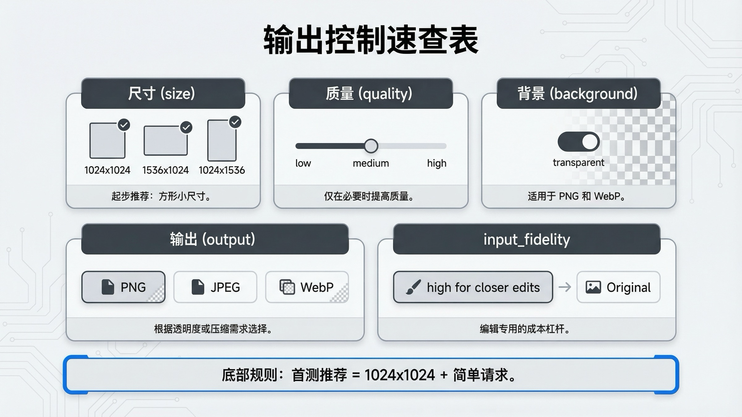 OpenAI 直接 Images API 输出控制图，展示 edit fidelity、透明背景、尺寸、质量、输出格式和压缩参数