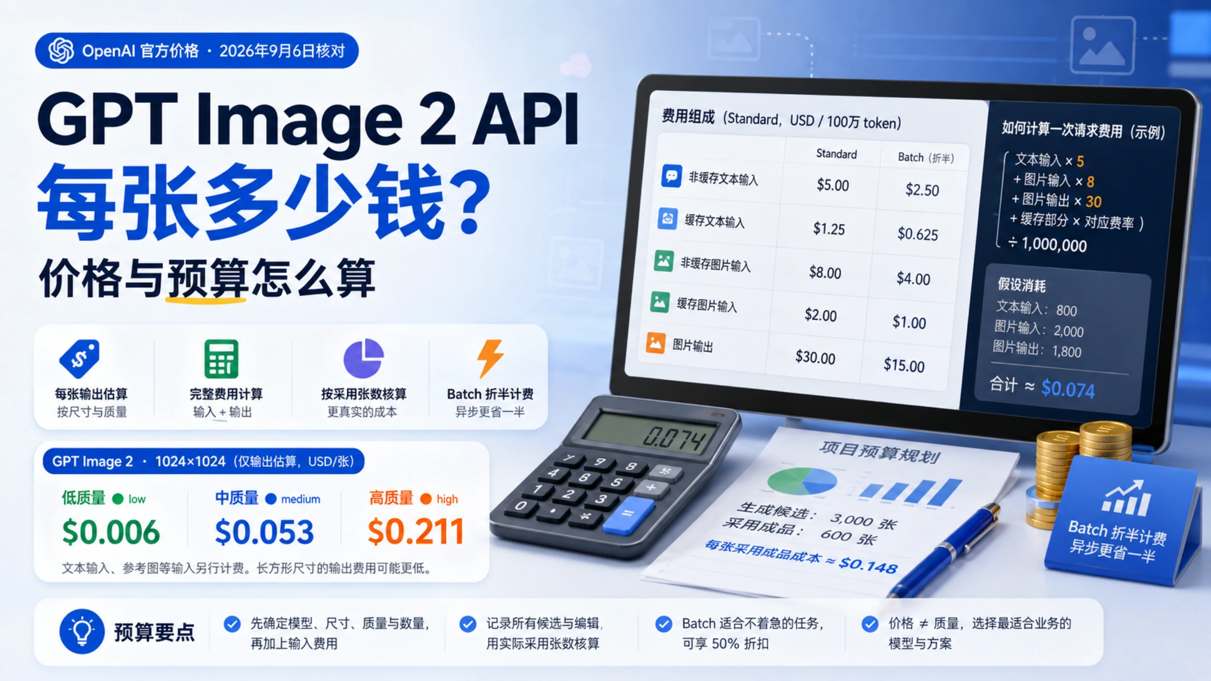GPT Image 2 API 费用主题封面，包含不同质量的价格、token 费率表与预算示意