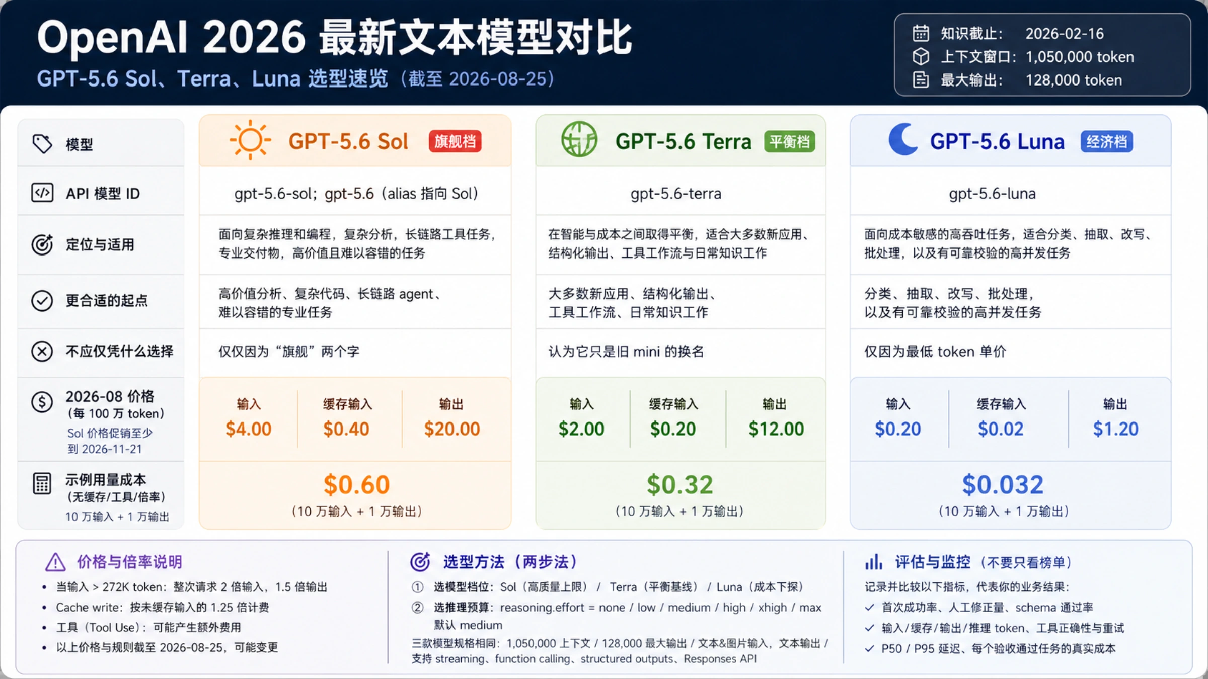 OpenAI GPT-5.6 Sol、Terra、Luna 的模型 ID、价格、共同规格与选型要点对比