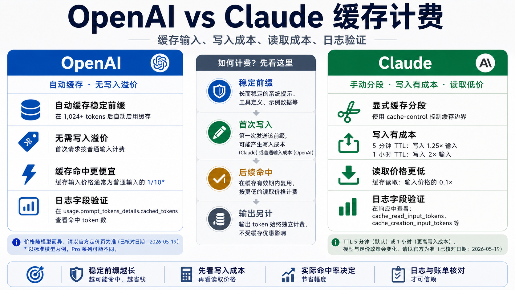 OpenAI 与 Claude 缓存计费：缓存输入、写入成本与回本计算
