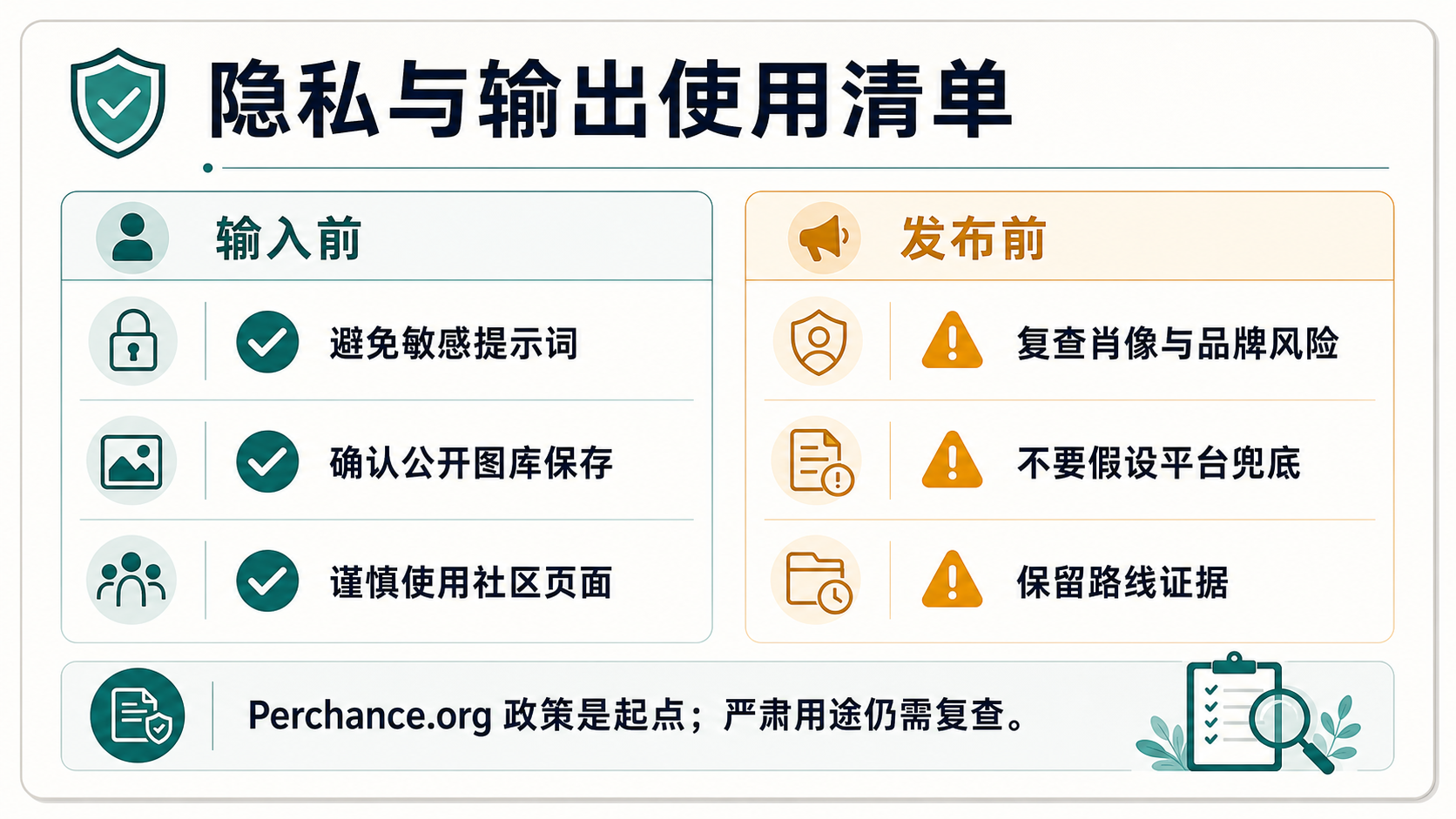 Perchance 提示词、公开图库、社区页面、真人和品牌风险、路线证据的隐私与输出使用检查清单