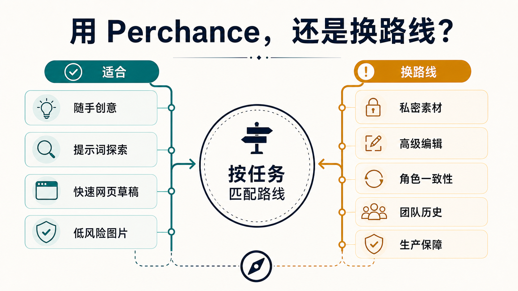 决策矩阵，说明 Perchance 适合低风险创意，遇到私密素材、深度编辑、一致性、团队历史或生产保障时应切换工具