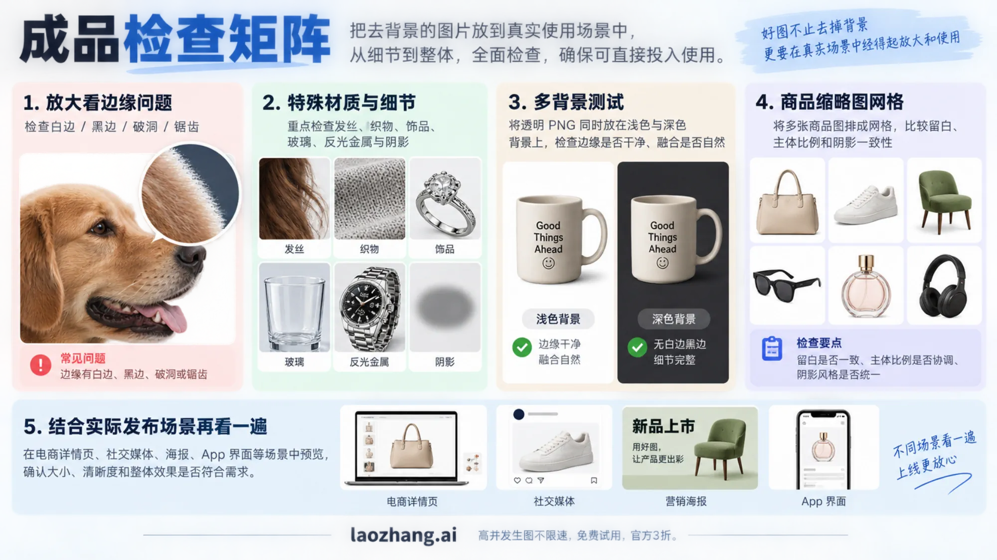 Pixelcut 去背景成品的边缘、材质、浅深背景和商品缩略图检查矩阵