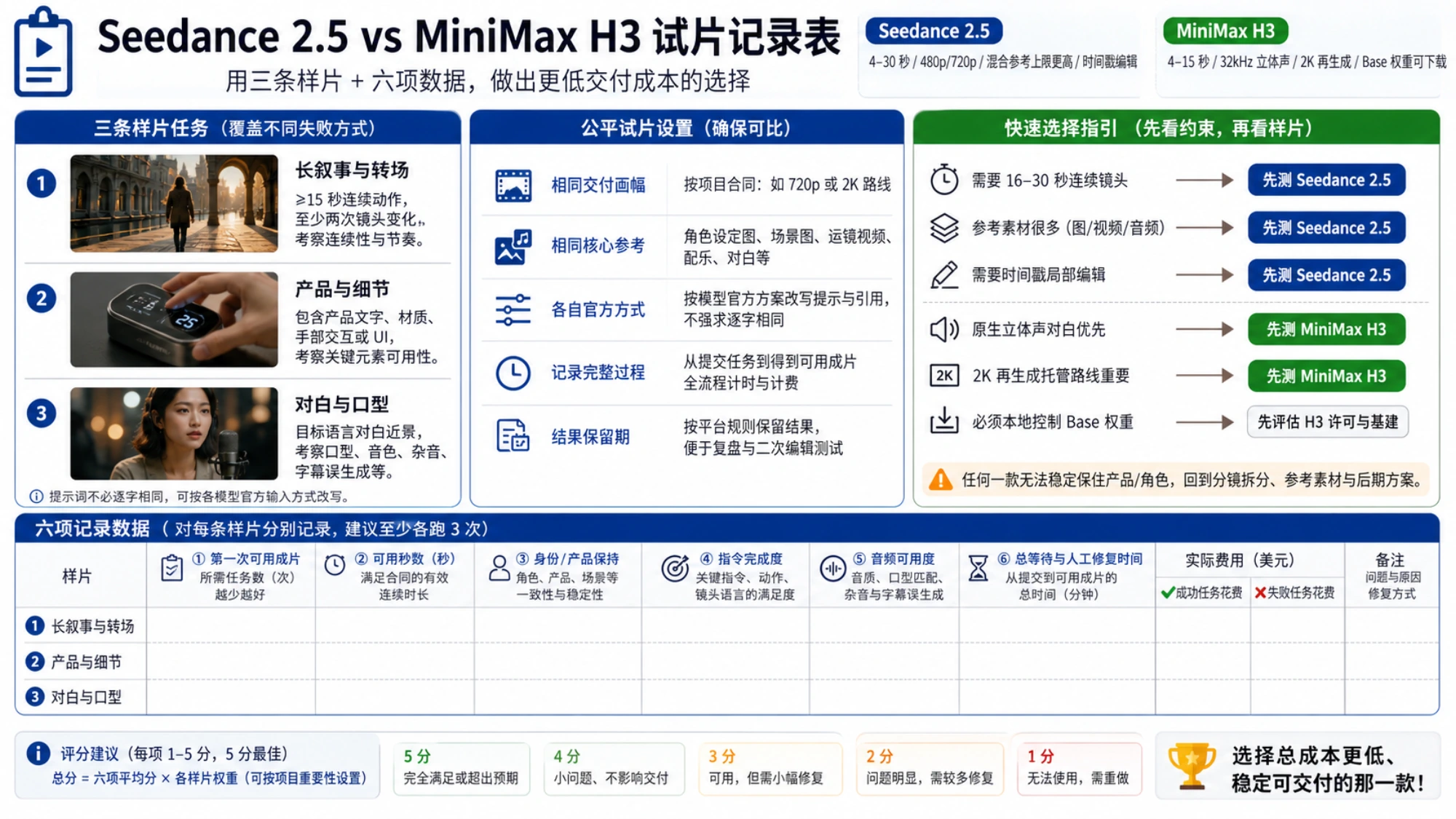 Seedance 2.5 与 MiniMax H3 三类试片任务、统一设置、快速选择指南和六项评分记录表