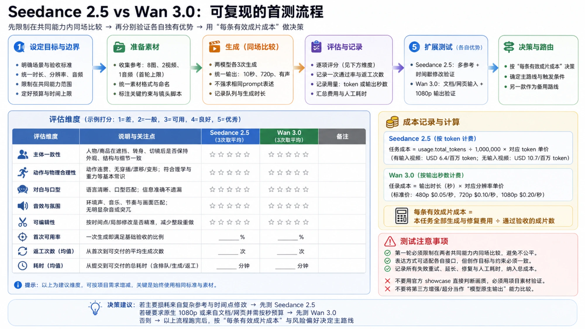 Seedance 2.5 与 Wan 3.0 的可复现首测流程、空白评分表、两种计费公式、扩展测试和有效成片成本记录方法