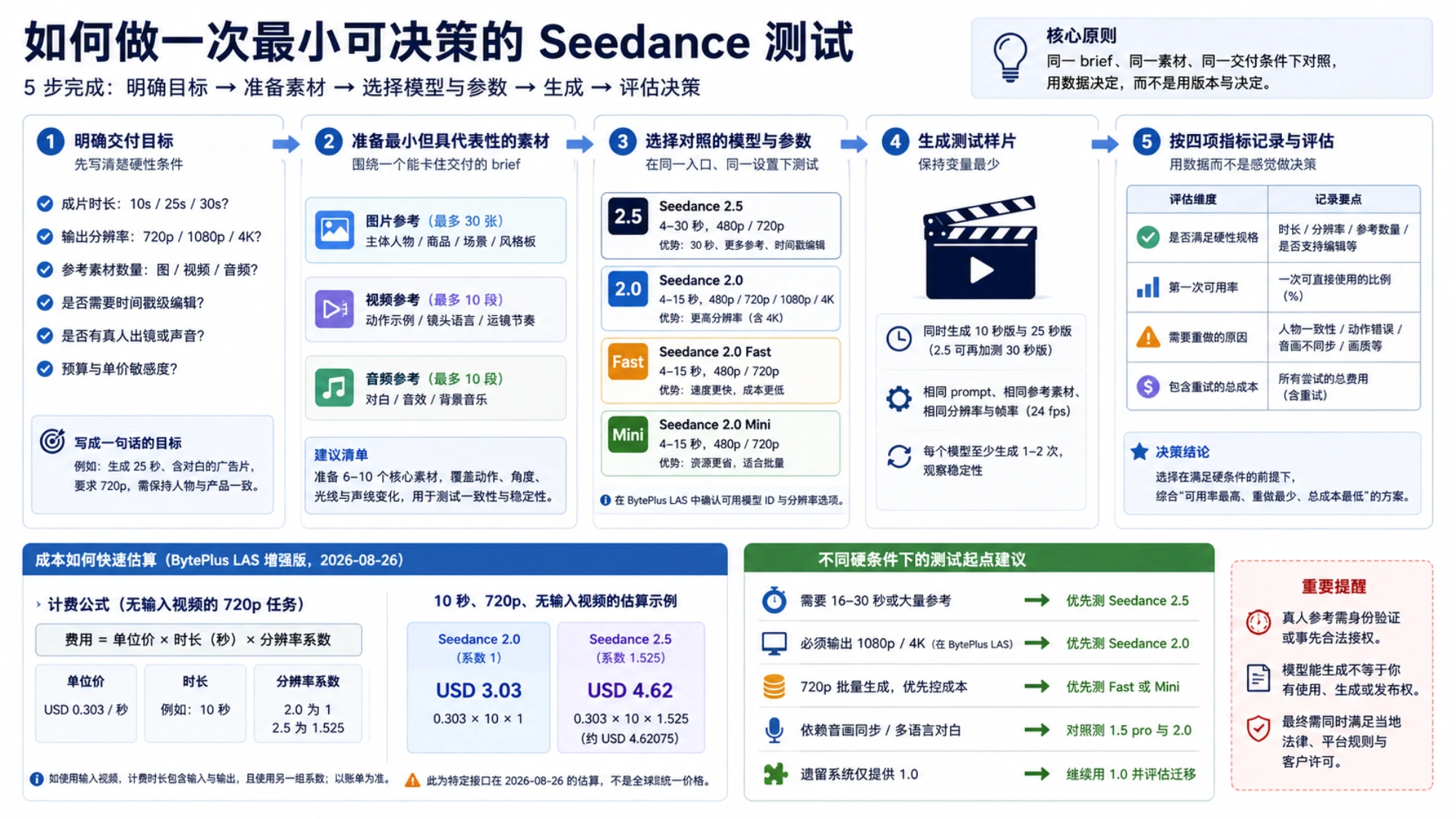 一次最小可决策的 Seedance 测试流程,从交付目标和代表性素材到同条件生成、四项指标记录与成本判断