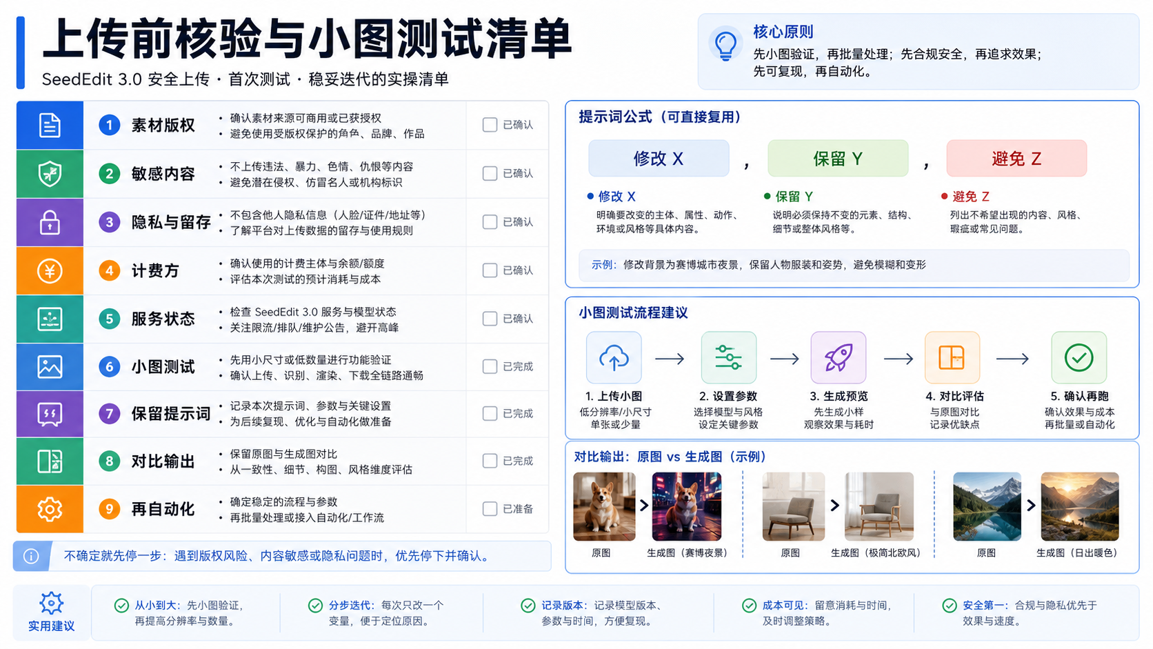 SeedEdit 3.0 上传前核验与小图测试清单