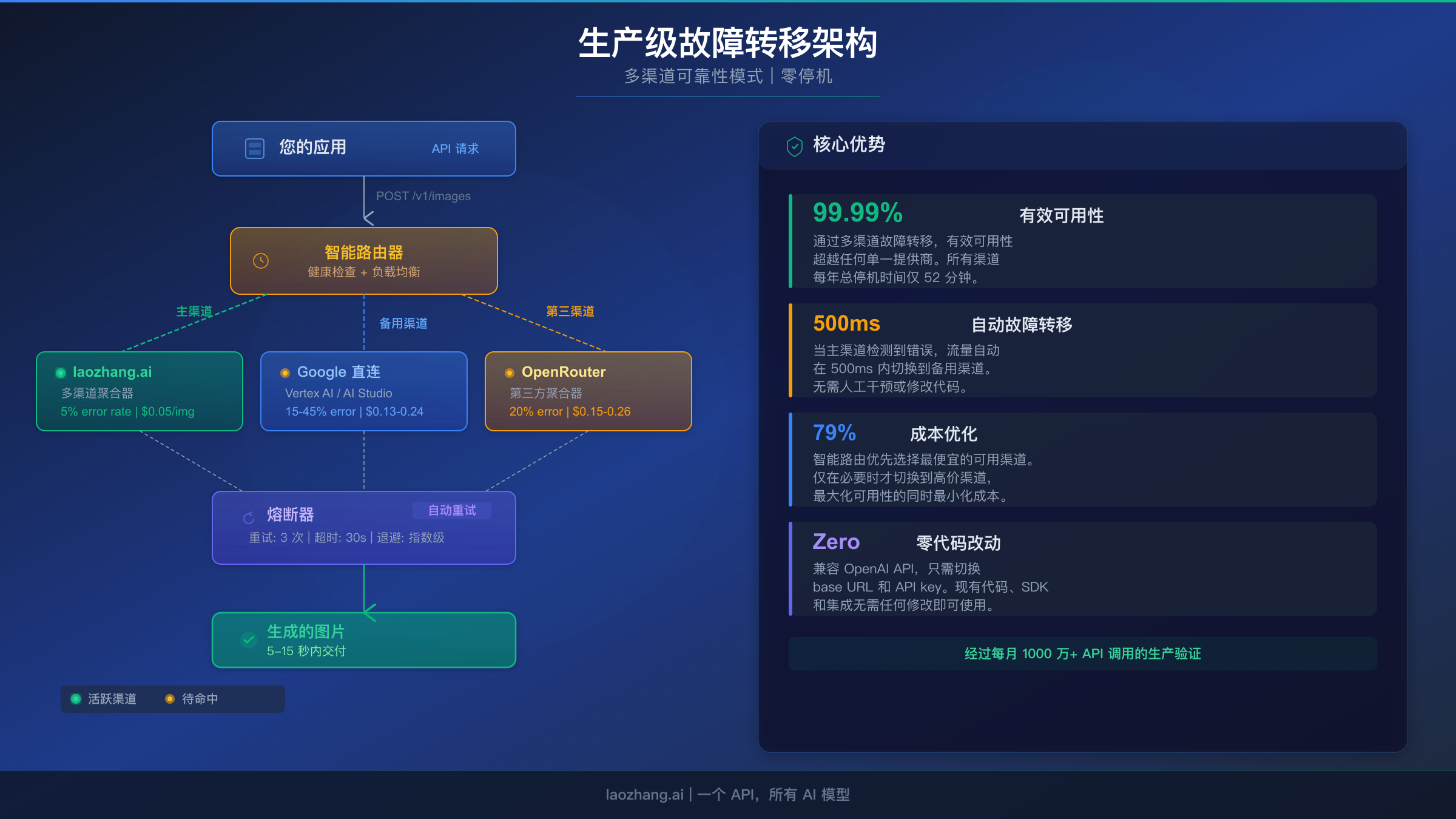 多渠道故障转移架构图，展示自动路由和熔断器模式