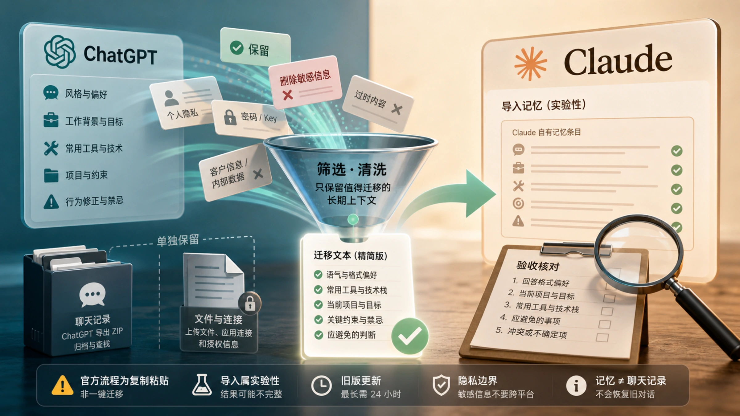 经过筛选的偏好与工作上下文从 ChatGPT 进入 Claude,而聊天档案单独保留