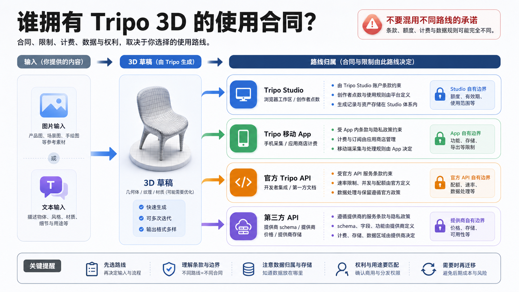 区分 Tripo Studio、移动端、官方 API 和服务商 API 的路线归属图