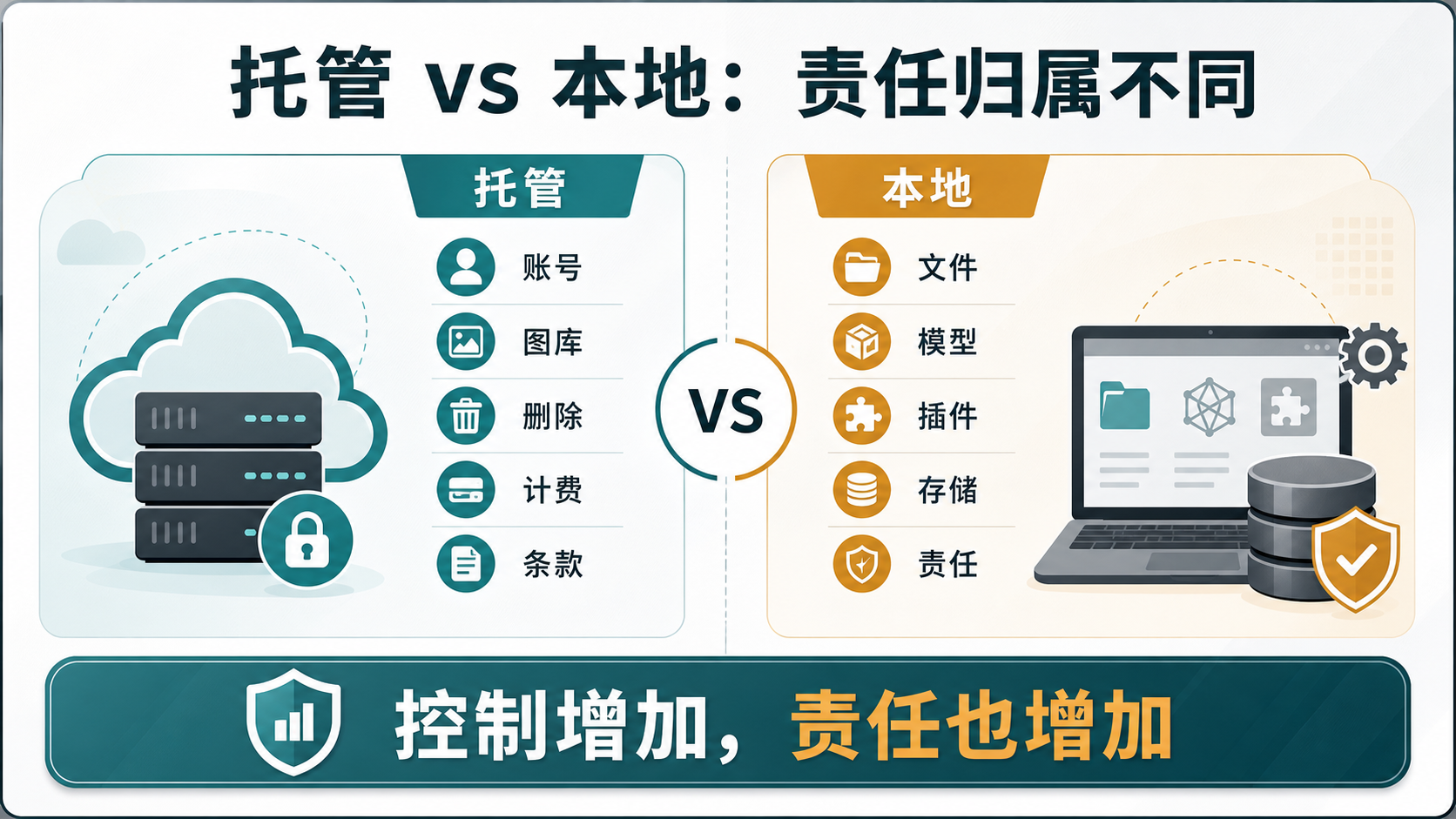托管与本地低过滤 AI 绘图路线的责任归属对照图