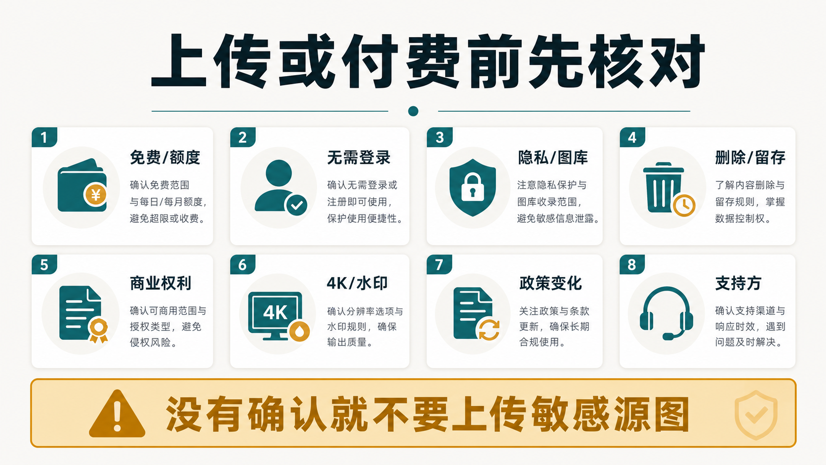 上传或付费前核对免费额度隐私删除商业权利和政策变化的清单