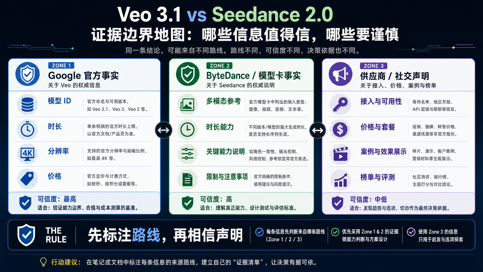区分 Google 官方事实、ByteDance 模型事实和供应商路线声明的证据边界图