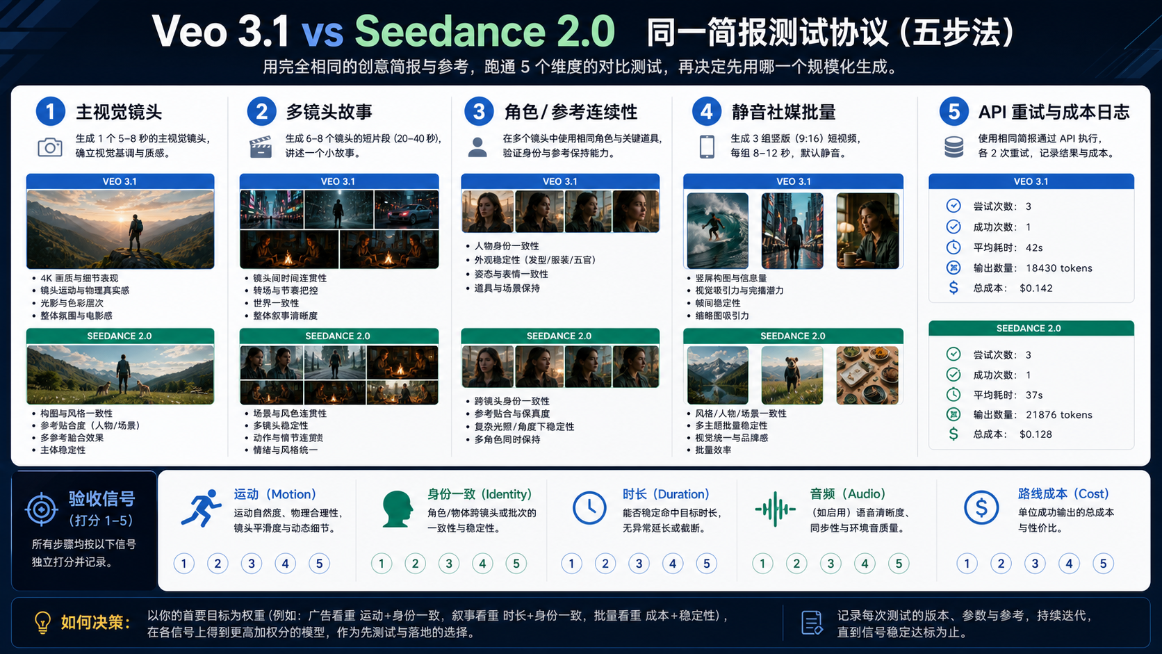 比较 Veo 3.1 与 Seedance 2.0 的五步同素材测试流程图