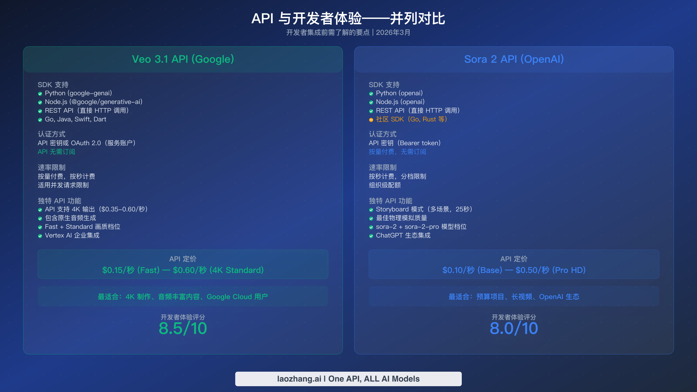 Veo 3.1 Gemini API 与 Sora 2 OpenAI API 的 API 和开发者体验对比，展示 SDK 支持和功能特性